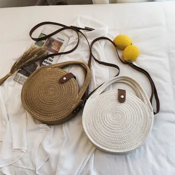 

Rattan Woven Handmade Knitted Straw Large Capacity Totes Woven Beach Circle solid color Shoulder Bag New Fashion bolsos#g30