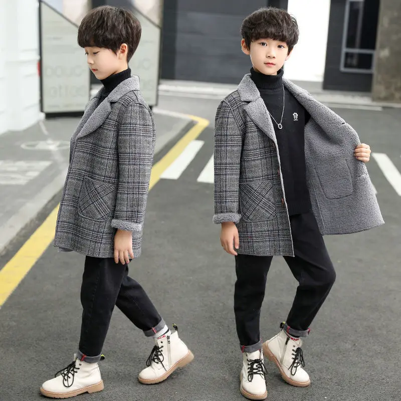 Children's Wool Coat for Boy for Autumn & Spring New Casual Turn Collar Plaid Pus Velvet Men's Teenager Jacket Outerwear