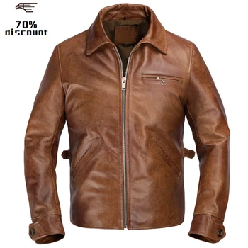 

2020 Retro Brown American Casual Style Leather Jacket Plus Size XXXL Genuine Cowhide Autumn Slim Fit Leather Coat FREE SHIPPING