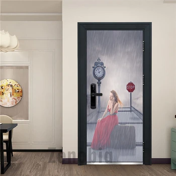 

The Girl Calling In The Rain 3D Door Sticker Self Adhesive Modular Printing PVC Wallpaper Door Decoration Mural DIY Home Design