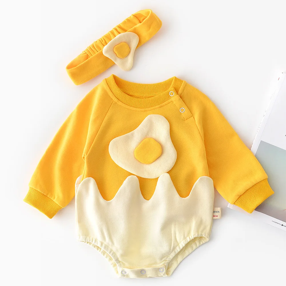 Весенне-осенняя одежда для новорожденных девочек боди с длинными рукавами с принтом яиц, повязка на голову, милый комплект одежды из 2 предметов, От 0 до 2 лет - Цвет: Yellow