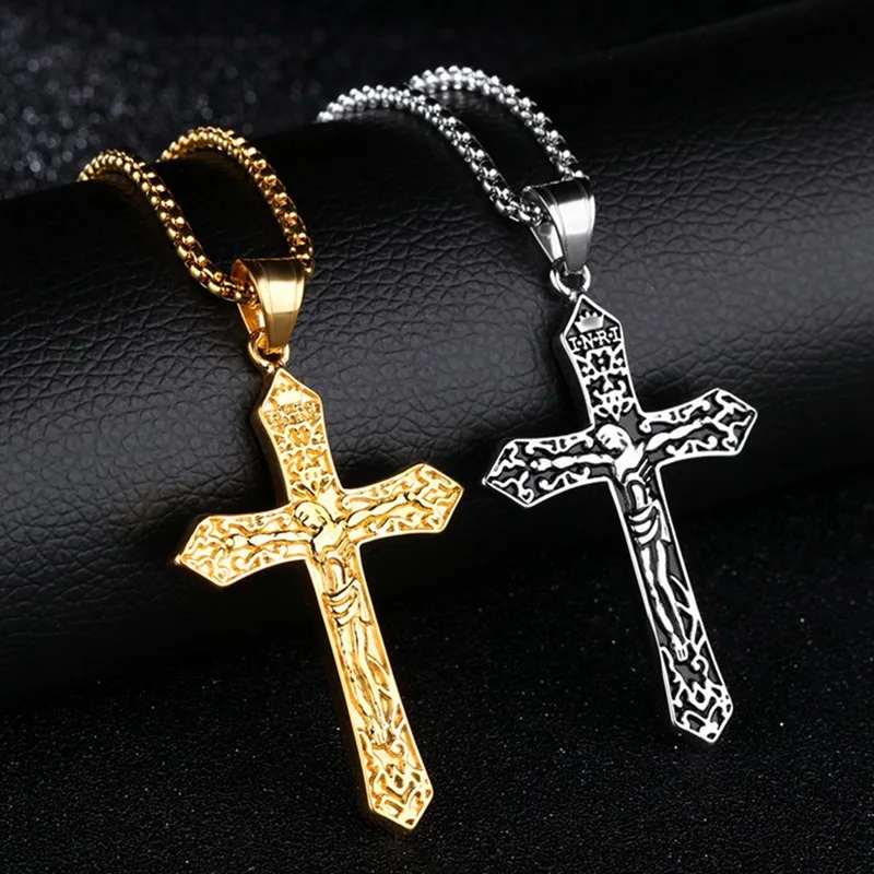 Christian Orthodox Crucifix Jesus Necklace Russian Cross Prayer Big Pendant Gold Color INRI Men | Украшения и аксессуары