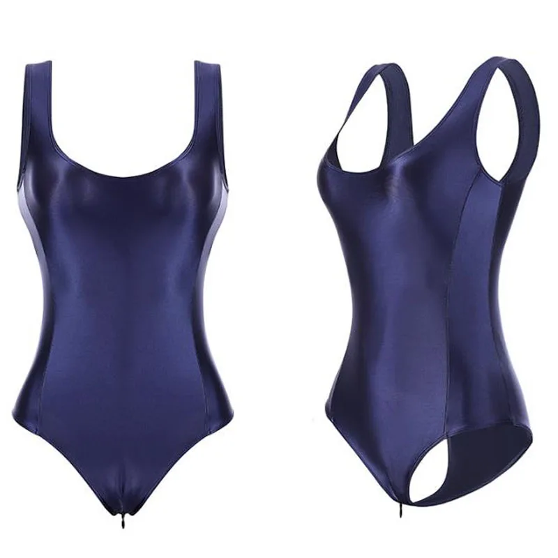 

High-Elastic Sexy Japanese Schoolgirl Kawaii Shiny Swimsuit Zipper Open Crotch Bodysuit Bathing Body Suit Tops Swimwear Swimming