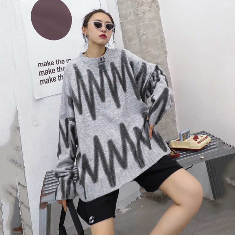 [EAM] Pattern Big Size Knitting Sweater Loose Fit