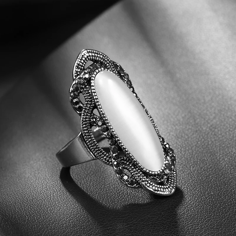 Finger Ring Silver Ring Bohemian Black Stone Ring Silver Color Mosaic AAA Gray Crystal Big Oval Rings For Women Vintage Jewelry finger ring silver ring