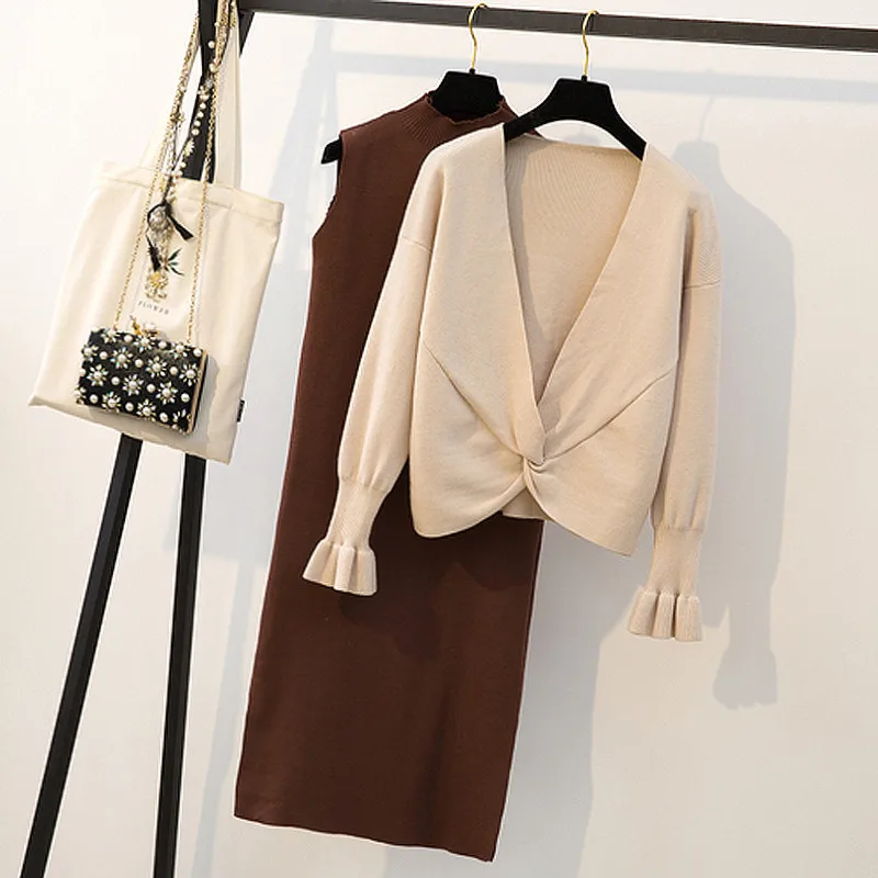 Осенний женский свитер размера плюс хорошего качества+ платье на бретельках, женские повседневные костюмы из двух частей, свободный свитер, вязаное мини-платье
