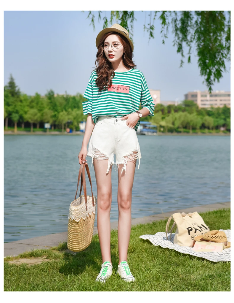 359# черные Рваные джинсовые шорты для фотосессии, женские летние свободные трапециевидные шорты в Корейском стиле с высокой талией для похудения