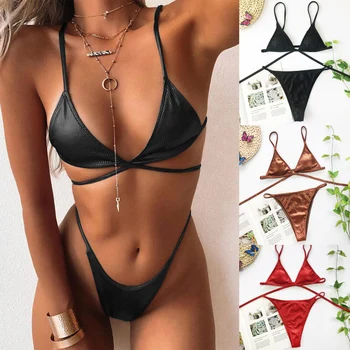 

Micro Thong Bikini Set New Black Bright Leather Swimwear Women 2020 Swiming Suit For Women Bandage Micro Bikinis Female Biquini