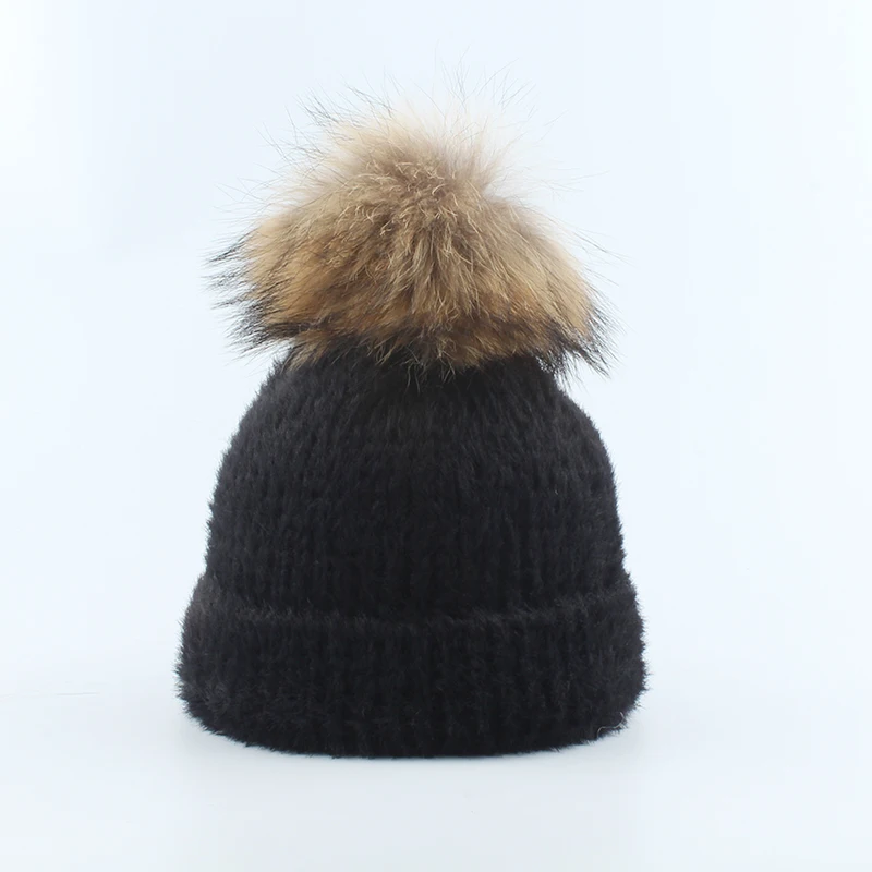 Зимние шапки для женщин норковая меховая шапка Skullies Beanies дамы настоящий помпон из меха енота вязанная теплая шапка шерстяная круглая шапочка