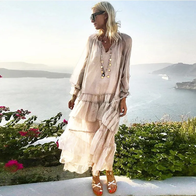 

Summer Casual Chiffion Holiday Dress Women Solid Ruffle Sleeve Elegant Dresses V-neck