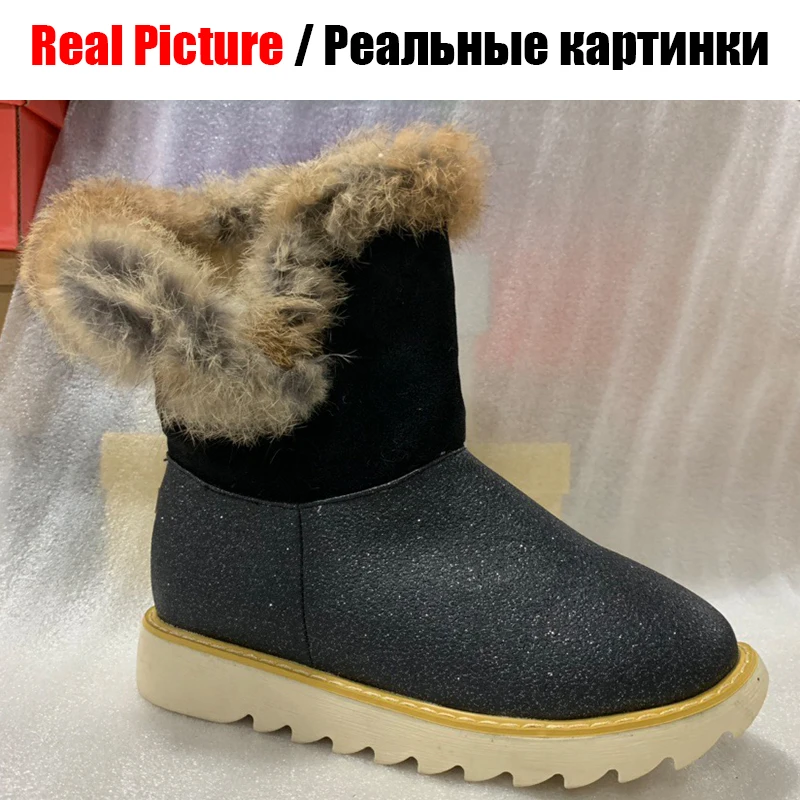 BONJOMARISA/Новинка,, 32-43, меховые ботиночки на платформе, женские зимние теплые Нескользящие ботильоны, женская обувь на танкетке