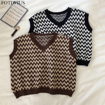 

Vintage Wave Striped Knitted Sweater Vest Women V-Neck Sleeveless Jacket Coat Veste Femme 2020 Spring Autumn Waistcoat Outwear