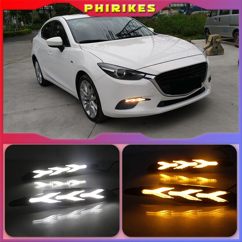 

Car 1Pair For Mazda 3 Axela 2017 2018 DRL LED Daytime Running Light Fog Lamp With yellow Flowing Turning Signal light