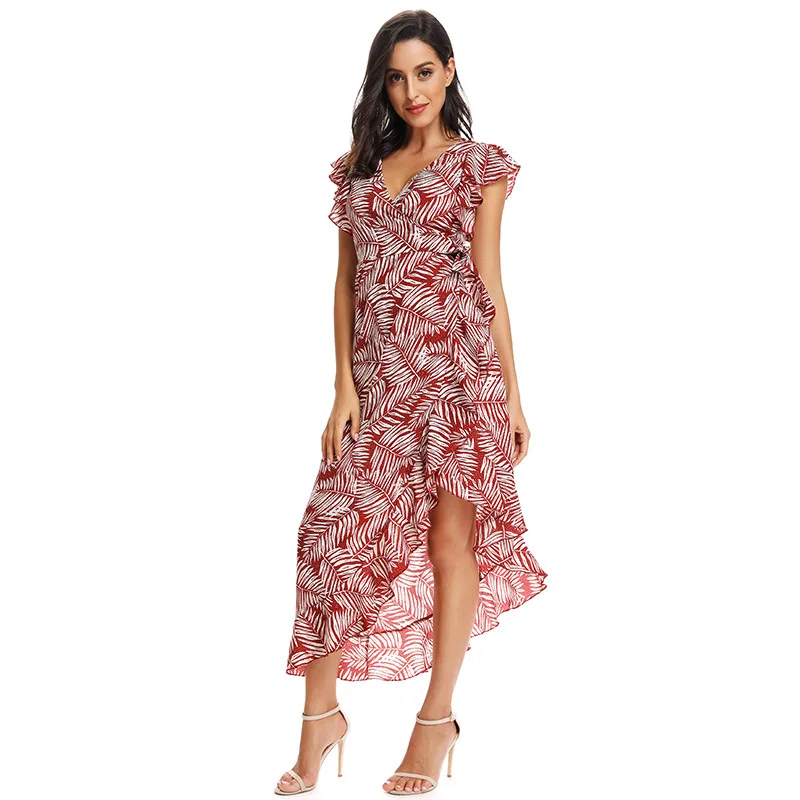 

European women's dress beauty slim and ruffled irregular summer new chiffon print dress female clothing free shipping