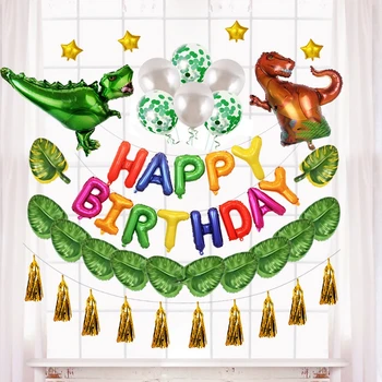 

A Set Balloons Dinosaur Theme HAPPY BIRTHDAY Letter Aluminum Film Balloon Leaf Tassel Pull Flag Birthday Party Decor Balloon