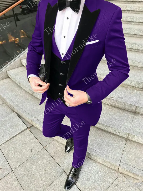 Purple Three Pieces Groom Suit Custom Made Tuxedos For Men Groomsman Bridegroom Wedding Best Man Suits( jacket+Pants+vest