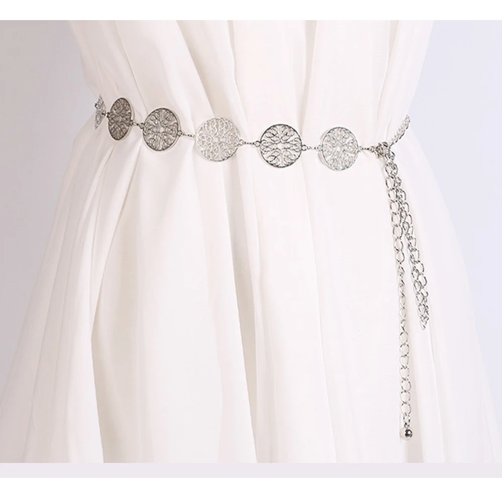 Fashion Women Retro Metal Chain Belt High Waist Charm Circle Waistband Female Belts Gold Silver