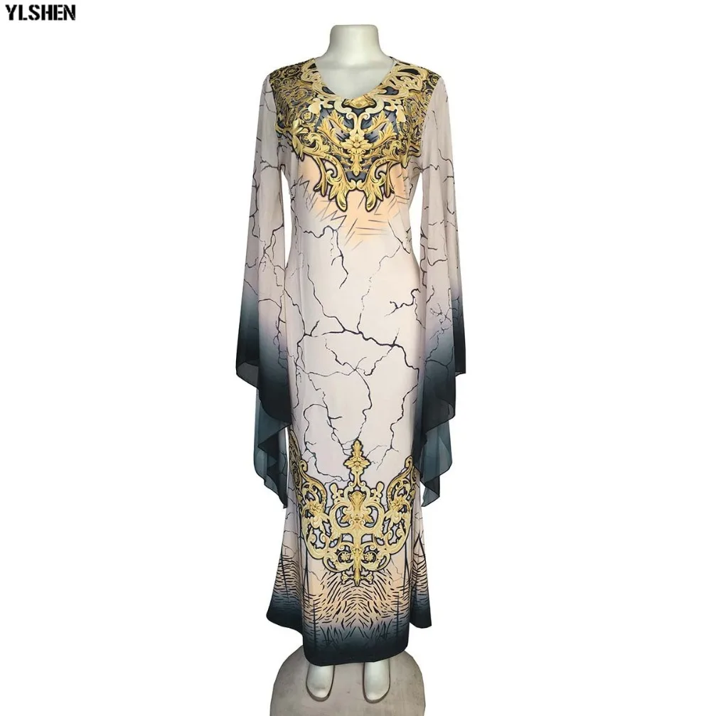 New African Dresses for Women Dashiki Print African Clothes Bazin Riche Sexy Slim Ruffle Sleeve V-neck Evening Long Africa Dress 65