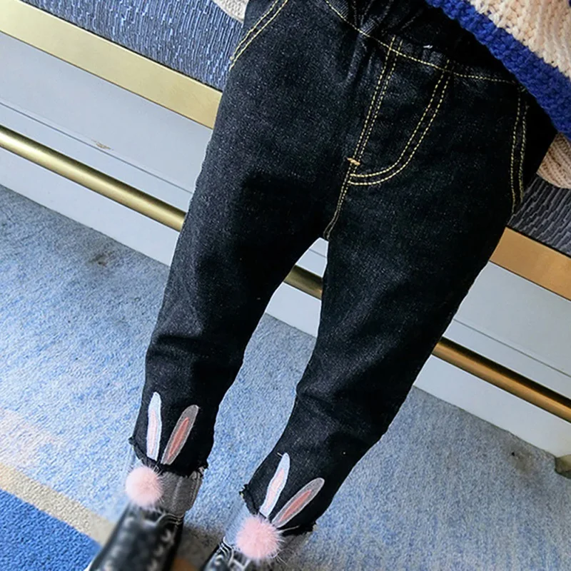  Winter Baby Girls Soft Rabbit Ear Ball Design Denim Pants Casual Long Trousers Children Thicken Bot