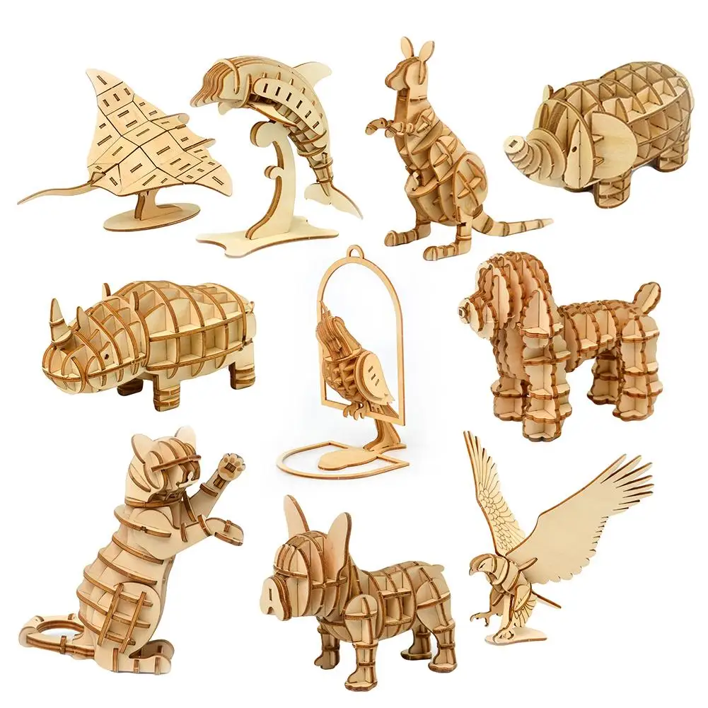 1Set DIY Assemby Puzzles Toy Wooden Jigsaw 3D Elephant Eagle Animal Model Parent-child Interaction Educational Toys For Children | Игрушки и