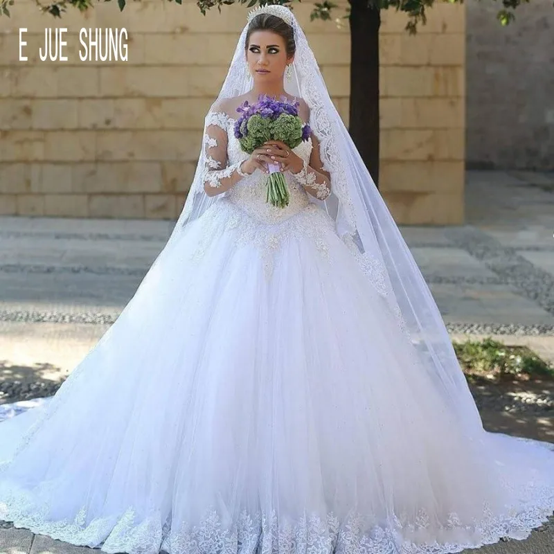 E JUE SHUNG винтажные Свадебные платья Дубай совок шеи с длинным рукавом кружево сзади Аппликация бальное платье невесты платья Vestido De Noiva