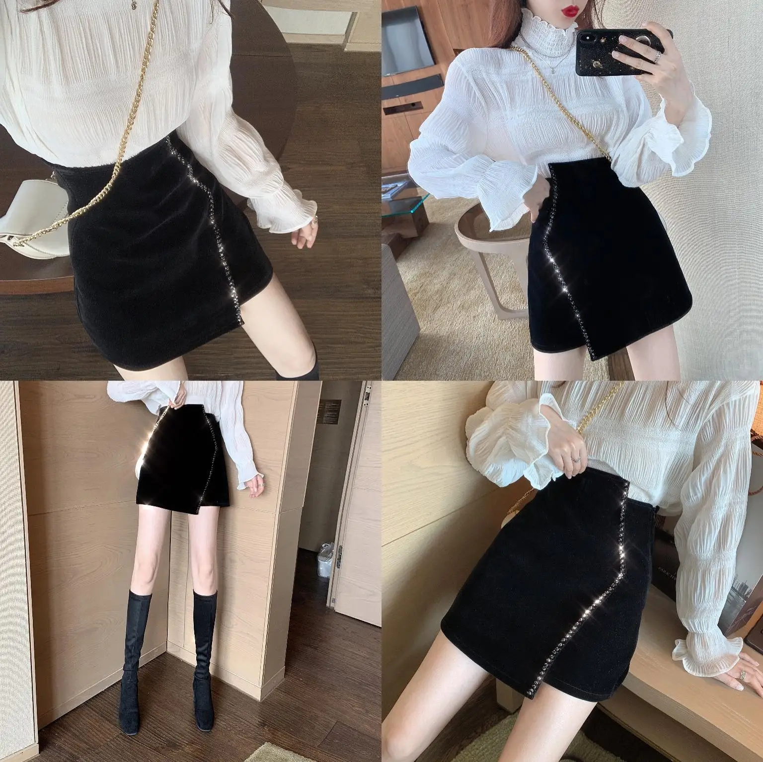 Ins CHIC Europe French Irregular Velvet Hand Bead Rhinestone Woman Velour Mini Skirt High Waist Bodycon Lady Bottom Black Winter