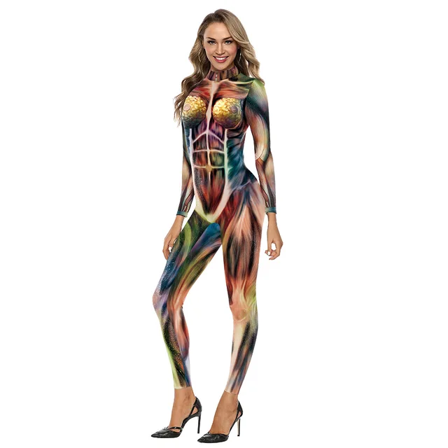 Skeleton Scary Costumes For Women Polyester Vampire Jumpsuit Men Muscle
