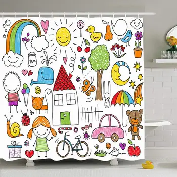 

Shower Curtain Set with Hooks 72x72 Collection Box Cute Childrens Stars Drawings Gift Kids Jar House Animals Miscellaneous