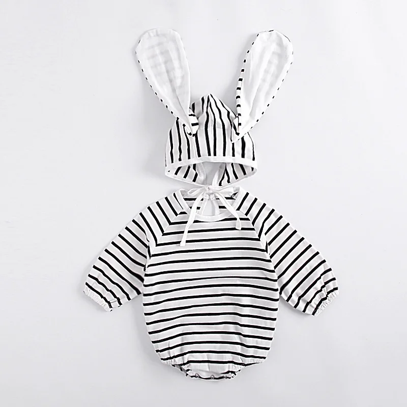 Koodykids/Боди для маленьких девочек; весенние комбинезоны с заячьими ушками и шапкой; Комбинезоны для маленьких мальчиков; Осенняя детская модная одежда в полоску с принтом