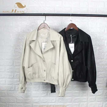 

SISHION Loose PU Leather Jackets Women Black Biker Motorcycle Coat QY0433 Casual Short Faux Leather Streetwear Female