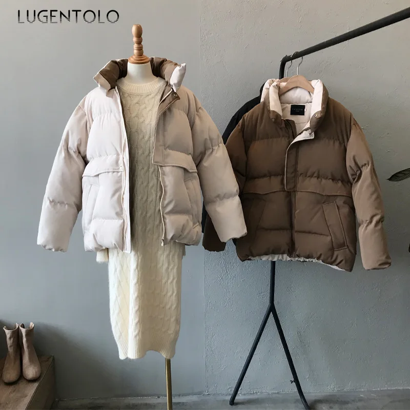 Женская свободная парка Lugentolo однотонная Повседневная утепленная в Корейском
