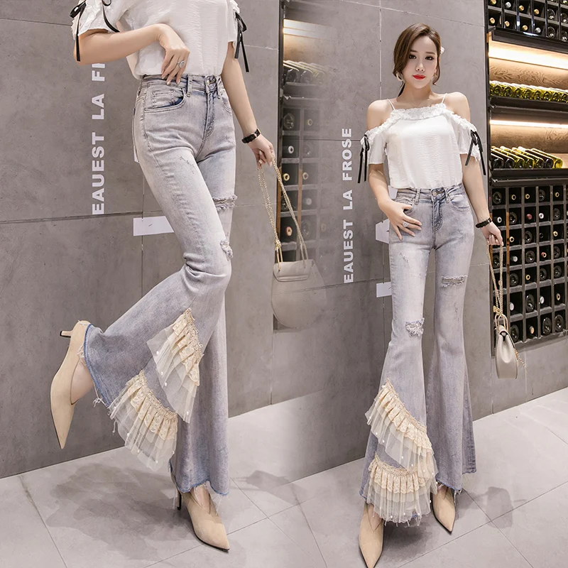 

Stretchy Women Jeans Flare Pants Pearls Lace Flower Ripped Hole Skinny Pants Ladies Elastic High Waist Woman Jeans Long Trousers