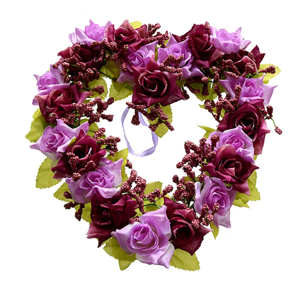 Purple Цветок кольцо в форме сердца свадьба Прочный цветок Венок с искусственными гирлянды шелковая ткань 18*17,5*4 см Висячие стены DIY украшения - Цвет: Purple