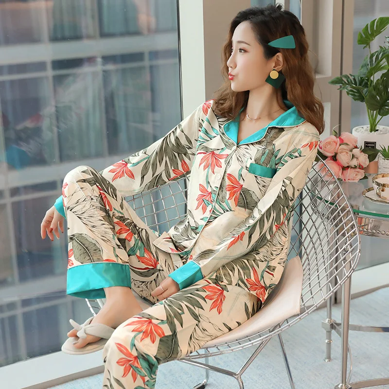 

2019 Spring And Autumn Pajamas WOMEN'S Long Sleeve Model Silk Casual Large Size Sexy Summer Viscose Homewear Set