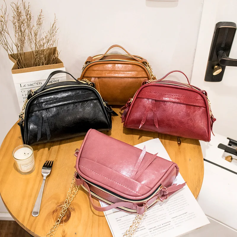 

Casual Chain Small Bag 2019 Autumn And Winter New Style Simple Oil Skin WOMEN'S Bag LADY'S Bags Handbag Fashion Bags