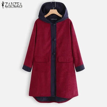 

ZANZEA Women Corduroy Coats Winter Hoodies Fleece Long Jackets Vintage Long Sleeve Pacthwork Outwear Hooded Warm Coat Plus Size