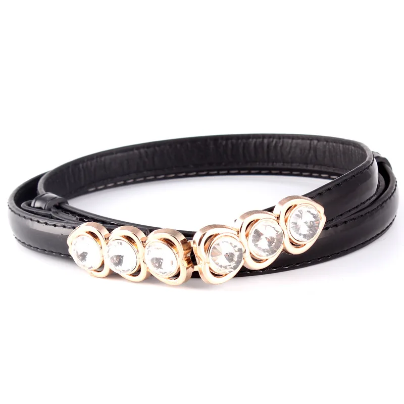 Luxury Women Crystals Buckle Thin Leather Belts Rhinestones Diamante Belt NUBLT0099 - Цвет: Black