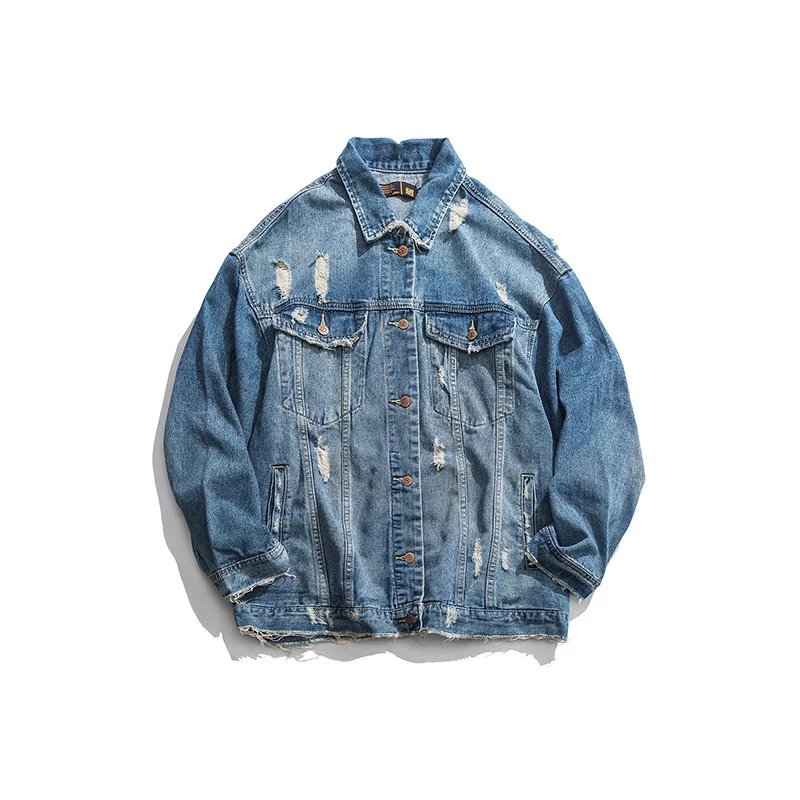 

2019 New Style Japanese-style Washing with Holes Jeans Coat Men's Autumn And Winter Loose-Fit Fold-down Collar Men Jacket MEN'S