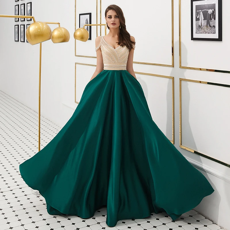 

Elegant Green Evening Dresses for Woman Off the Shoulder V Neckline Crystal Beaded Satin Evening Gown A Line