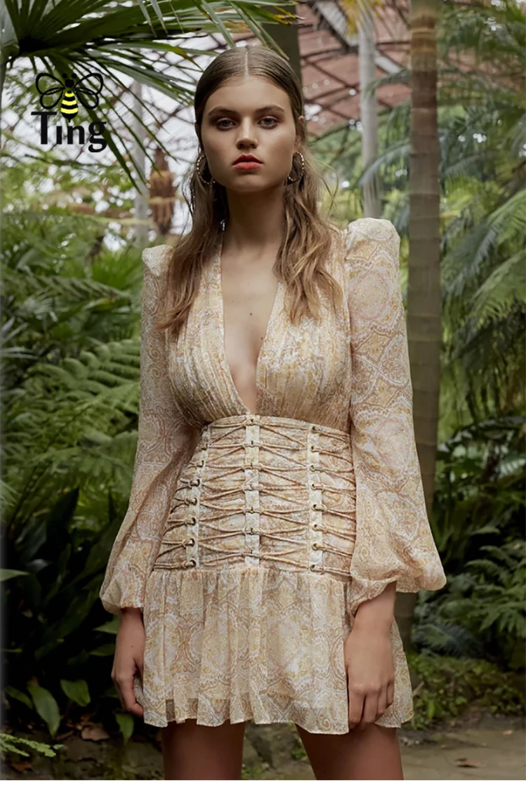 Tingfly Vogue модное сексуальное мини-платье с глубоким v-образным вырезом и цветочным рисунком летнее приталенное короткое платье с оборками на подоле винтажные повседневные платья