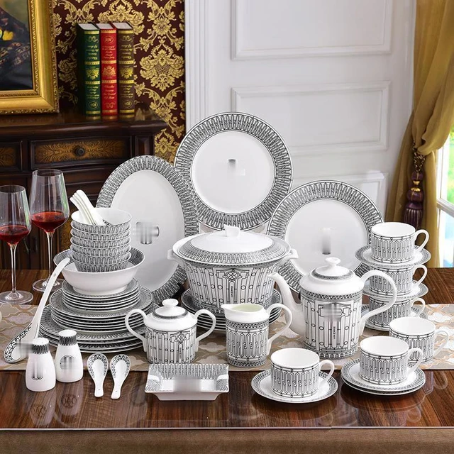 Luxury Bone China Tableware Set, White and Black Porcelain Kitchen