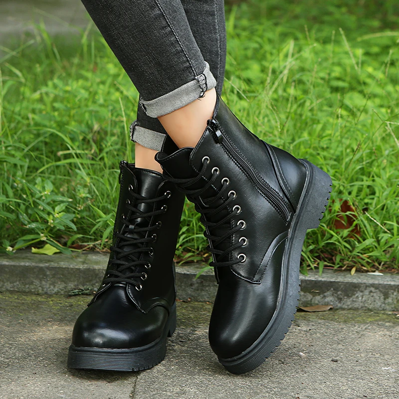 

2021 Autumn and Winter New Thick-soled Martn Boots British Style Women's Shoes Motorcycle Boots Solid Color Lace-up Short Boots