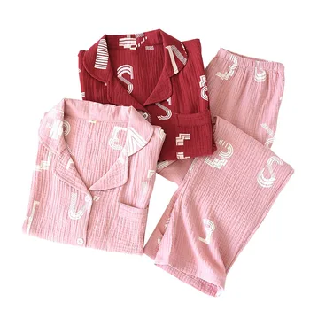 

Hot Selling Women Pajamas Set SPRING & FALL Long Sleeve Clothes+Pants Thin Homewar Comfort Gauze Cotton Sleepwear Set For Femme