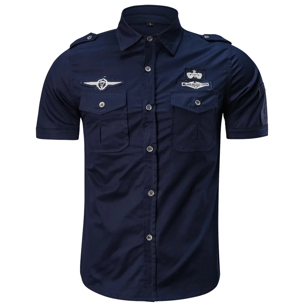 Мужская рубашка с коротким рукавом и карманами в стиле сафари, Повседневная Военная однотонная летняя мужская повседневная рубашка высокого качества d90823 - Цвет: db