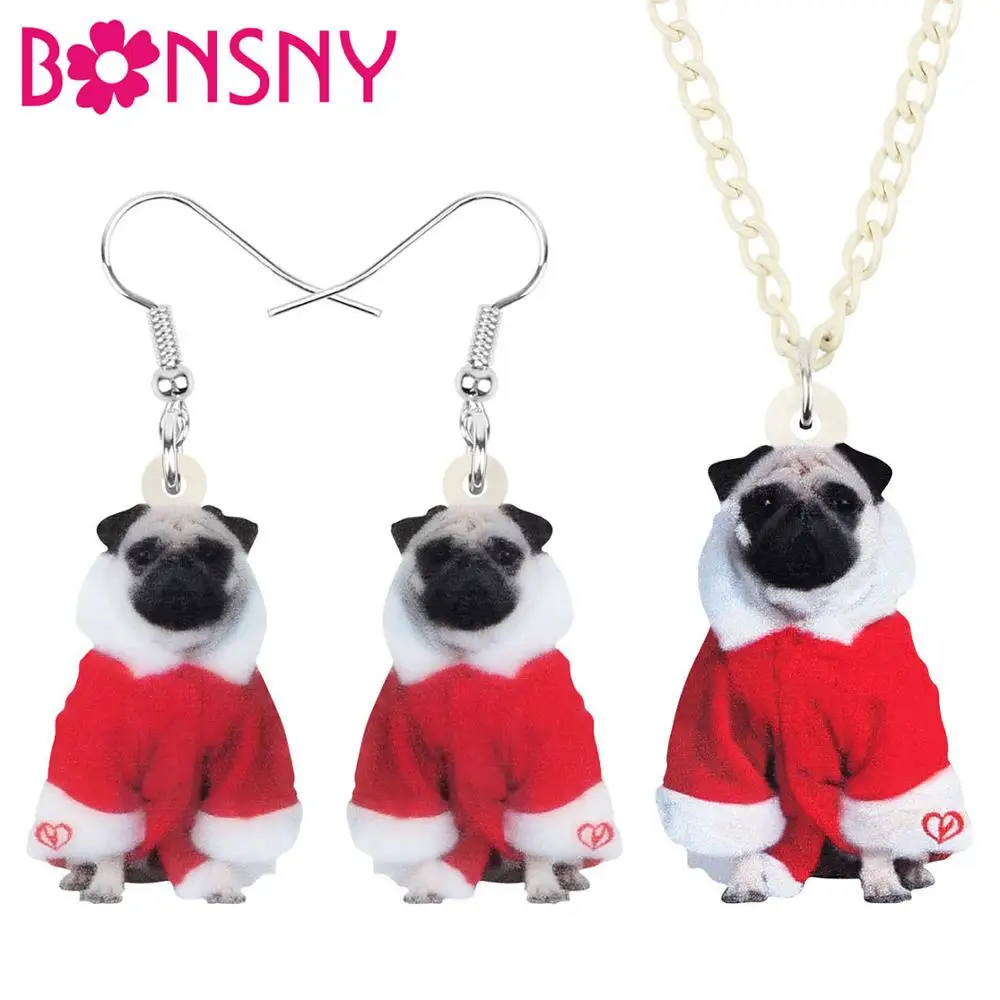Bonsny, акриловый Рождественский костюм мопса, ювелирные наборы в виде животных, висячие серьги, ожерелье для женщин, девочек, подростков, украшение, подарок