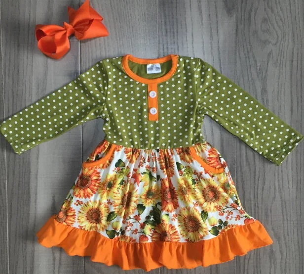 Осенне-зимняя одежда для маленьких девочек детское горчичное оранжевое темно-синее платье с цветочным рисунком милое шелковое хлопковое платье с оборками и бантом до колена - Цвет: orange