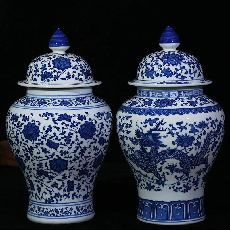 

Chinese Style Antique Imposing Ceramic Ginger Jar Home Office Decor Blue and White Porcelain Vase