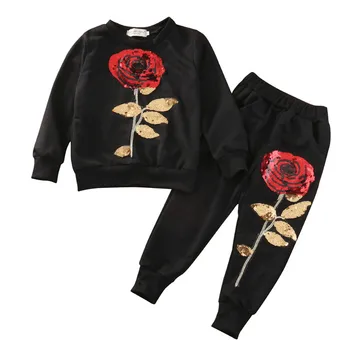 

2-7Y 2PCS Girls Kids Clothes Sequins Rose Outfits Cotton Long Sleeve Clothes T-Shirt+Long Pants Set Tracksuit
