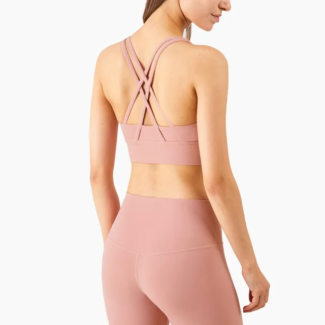 Lulu Hot Sell Gym Yoga Vest Athletic Fitness Women Sports Bra Solid Color Cross Sexy Tights Tank Top Butter Soft With Chest Pad Pink pastel