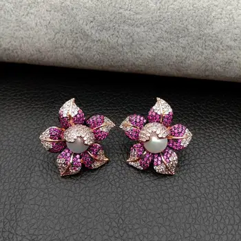 

Cubic Zirconia micro Pave Pearl Earrings White freshwater Pearl Rose Gold color Plated Cz Flower Stud Earrings cute for women